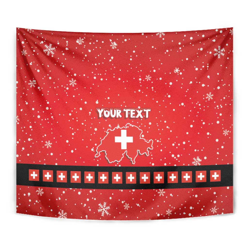 Red Christmas tapestry wall hanging with snowflakes, 'YOUR TEXT' and Swiss map cross emblem