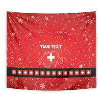 Red Christmas tapestry wall hanging with snowflakes, 'YOUR TEXT' and Swiss map cross emblem