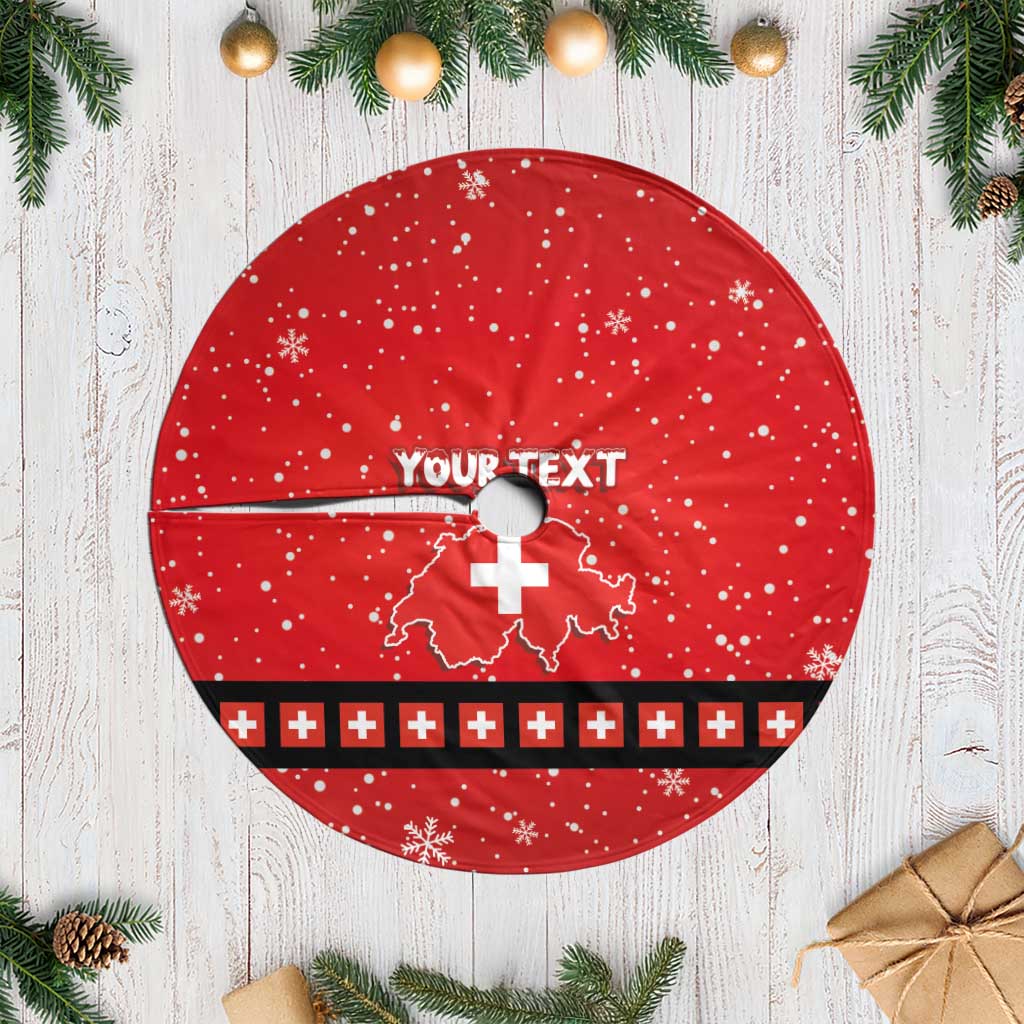 Red round Christmas tree skirt with white fringe, custom text and Switzerland map design.