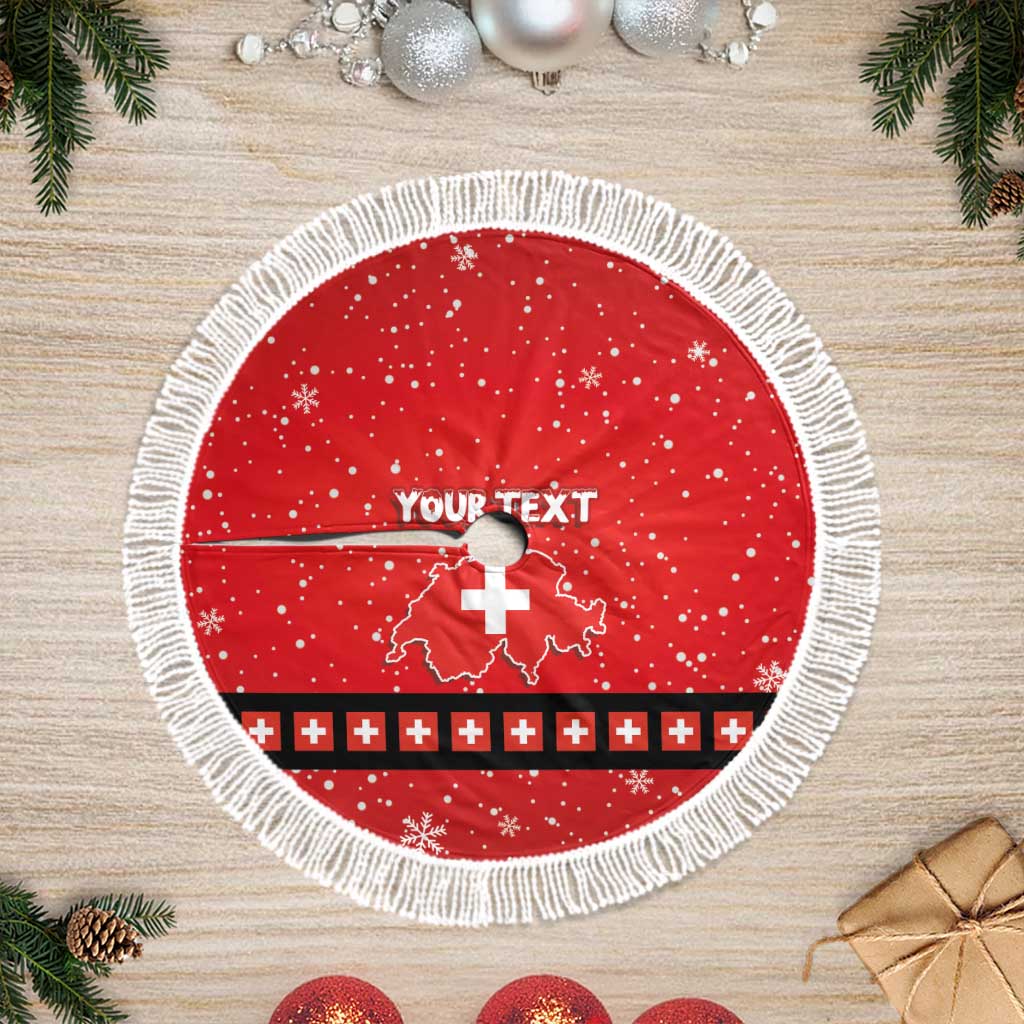 Red round tree skirt with thick white fringe, custom text panel, Switzerland map and crosses.