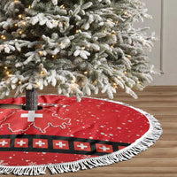 Red circular tree skirt with white fringe, Switzerland-style map and cross stripe detail.