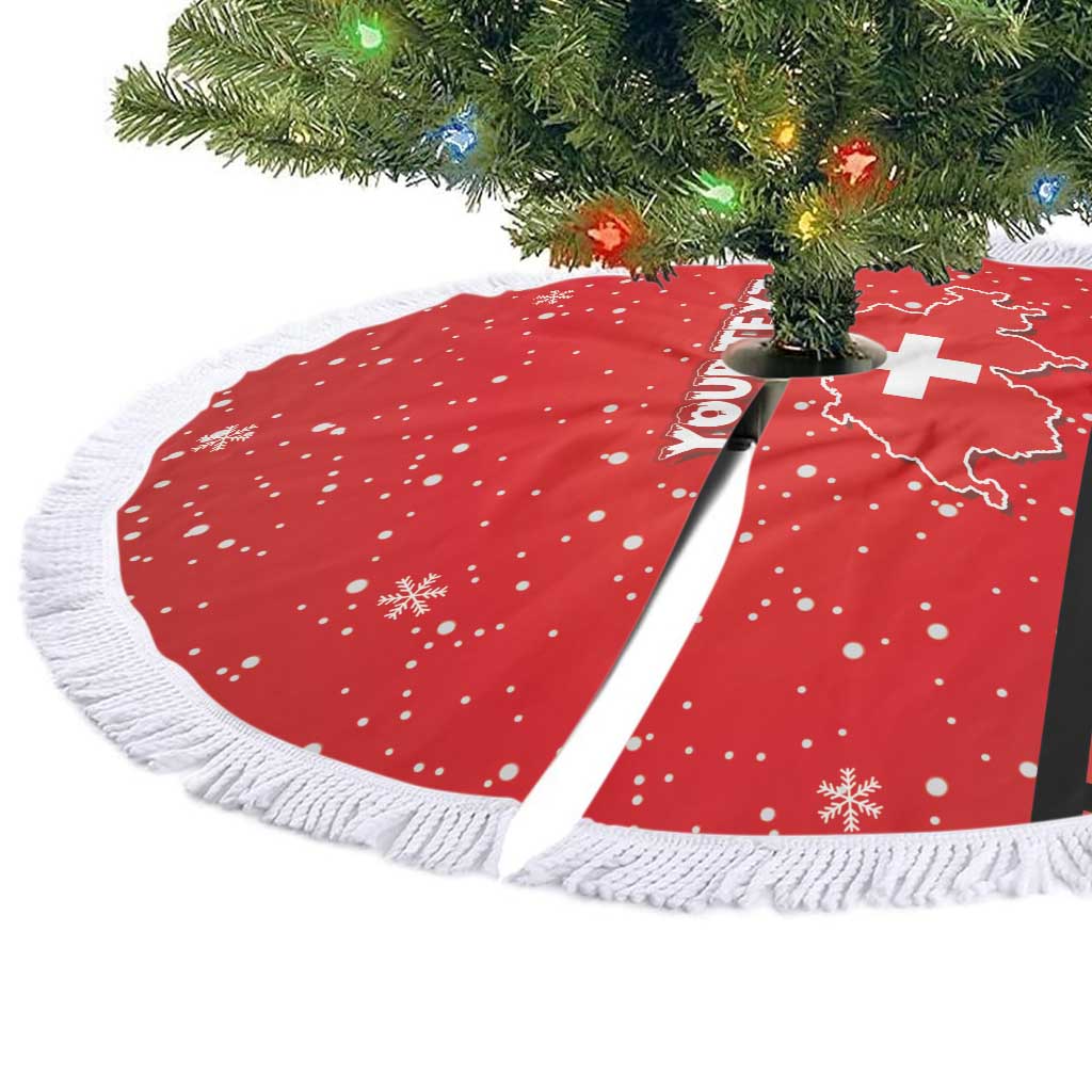 Red round tree skirt with white fringe, snowflake pattern and cross stripe on folded edge.