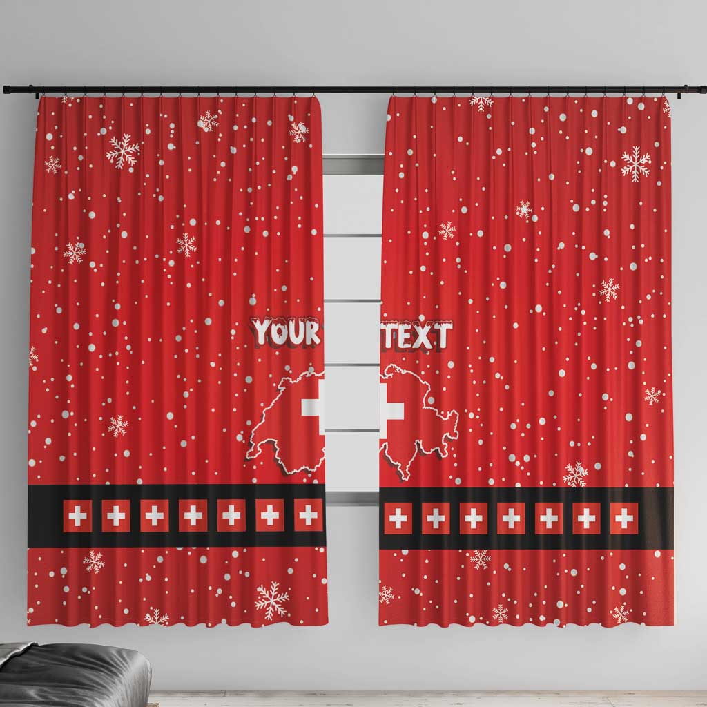 Red holiday window curtains, two panels with snowflake dots and Swiss cross stripe