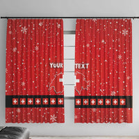 Red holiday window curtains, two panels with snowflake dots and Swiss cross stripe