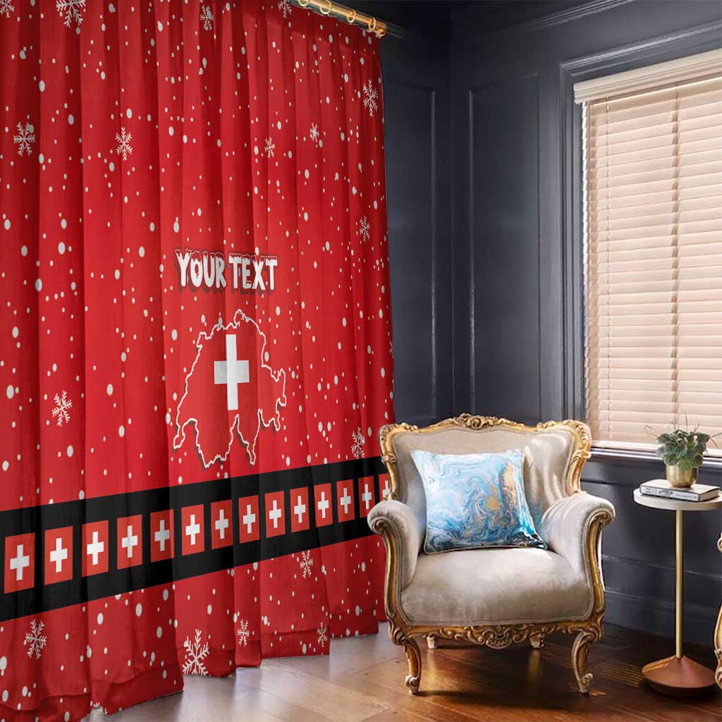 Red holiday window curtains with snowflake dots, Swiss map print, and Swiss cross band