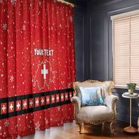 Red holiday window curtains with snowflake dots, Swiss map print, and Swiss cross band