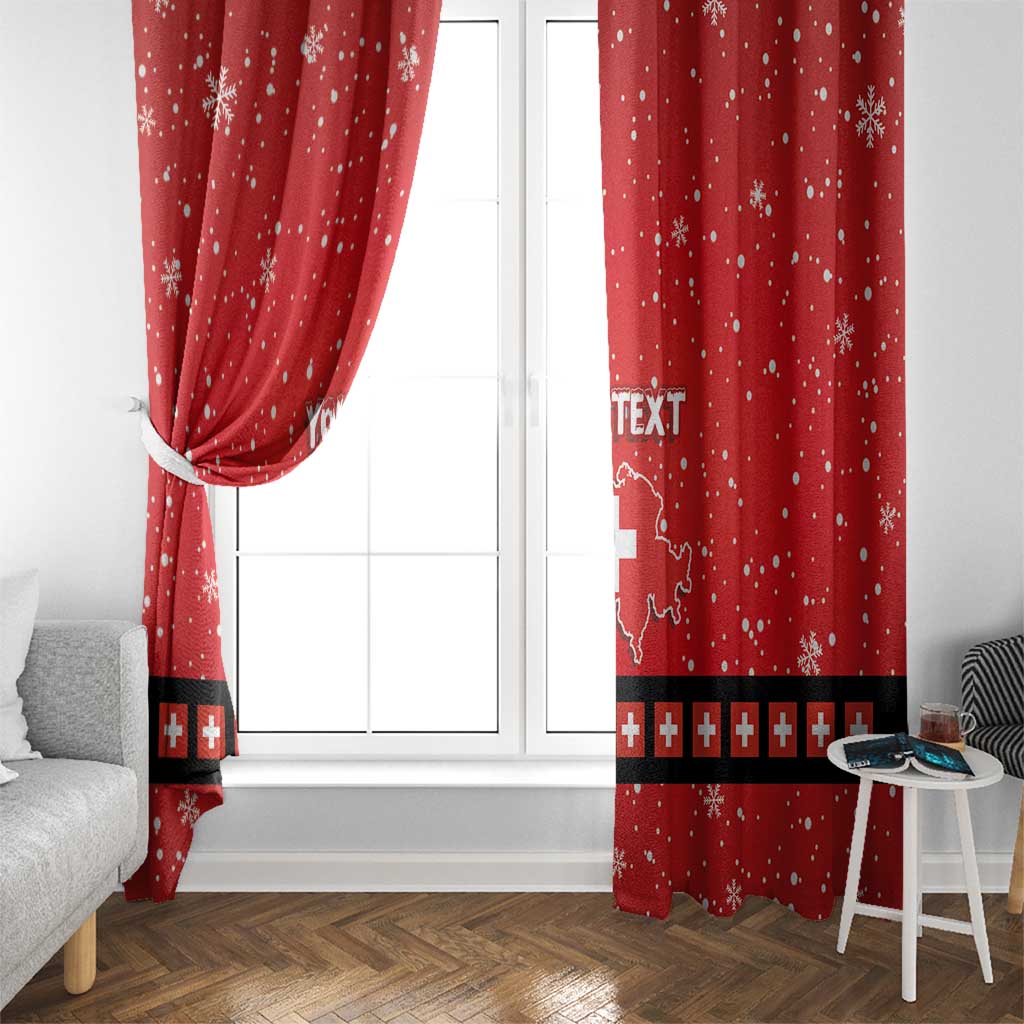 Red window curtains with snowflake dots, Swiss cross band, and gathered side drape