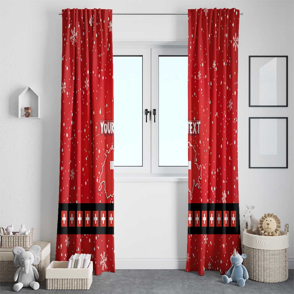 Pair of red holiday curtains with snowflake dots and black band with Swiss cross icons