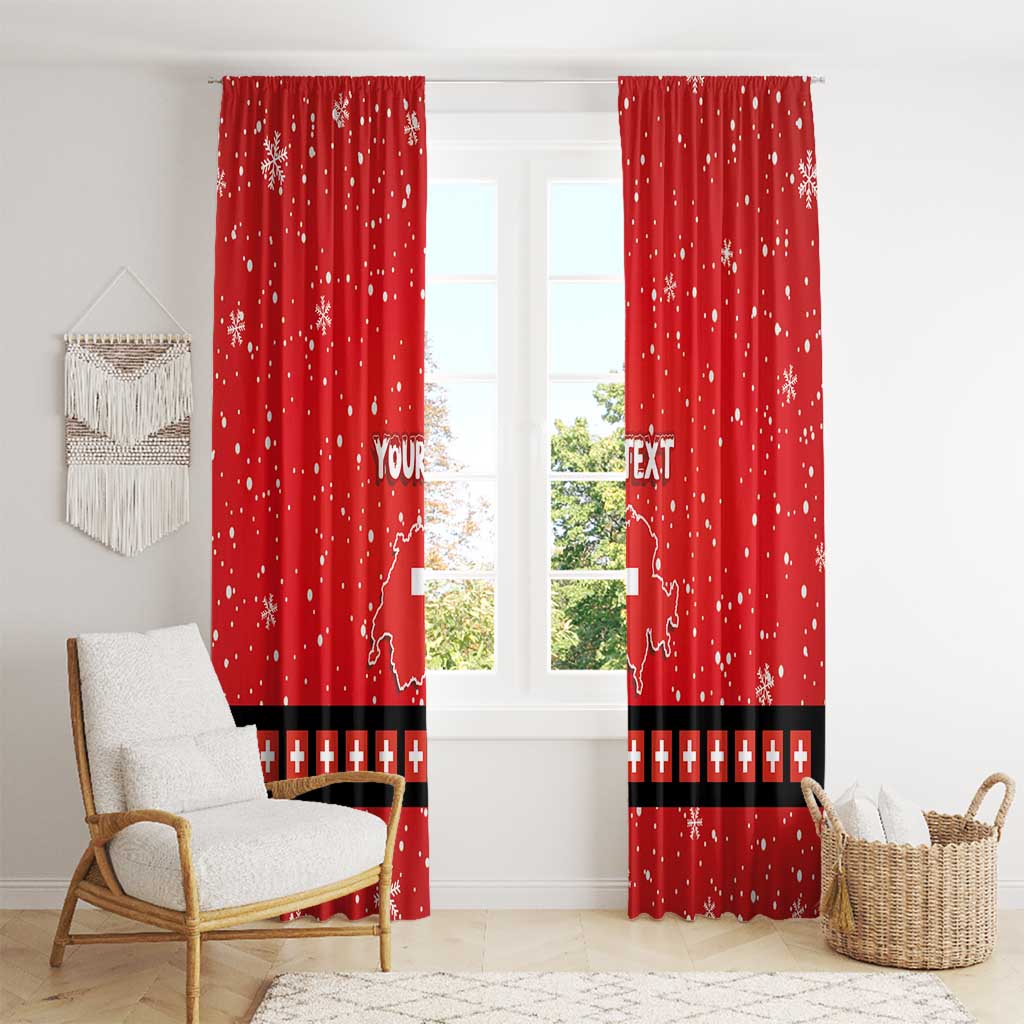 Long red holiday window curtains with snowflake dots and Swiss cross border band