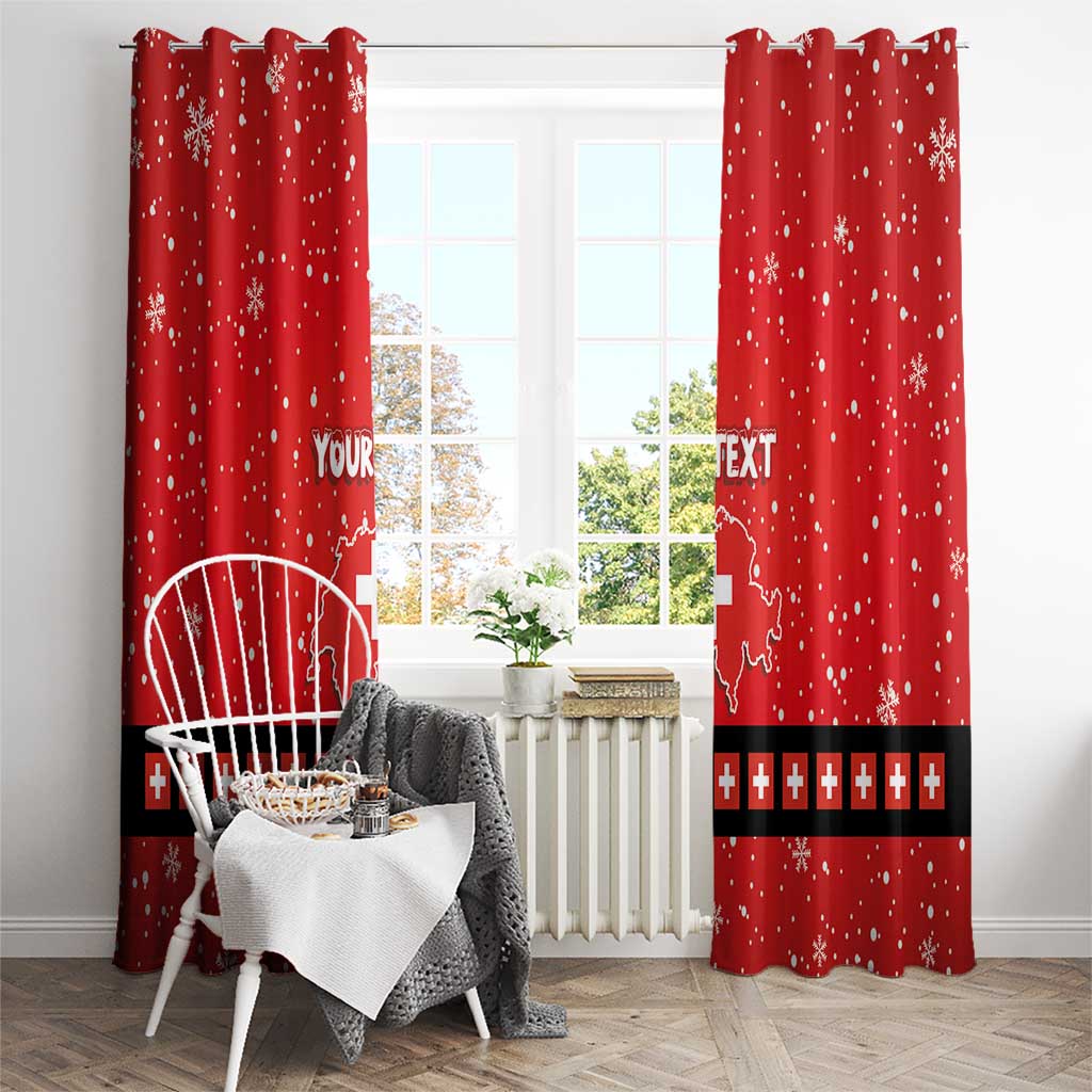 Red holiday curtains with snowflake dots, custom text, Swiss map print, Swiss cross band