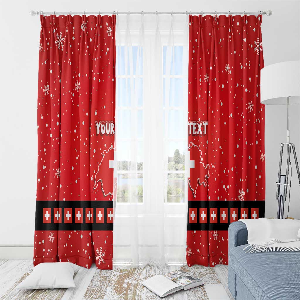 Red holiday curtain set with snowflake dots, Swiss map print, and Swiss cross band