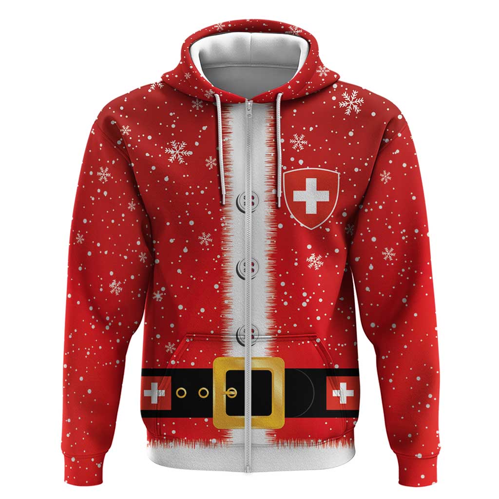 Red zip hoodie with snowflake print, vertical zipper graphic, Swiss cross shield