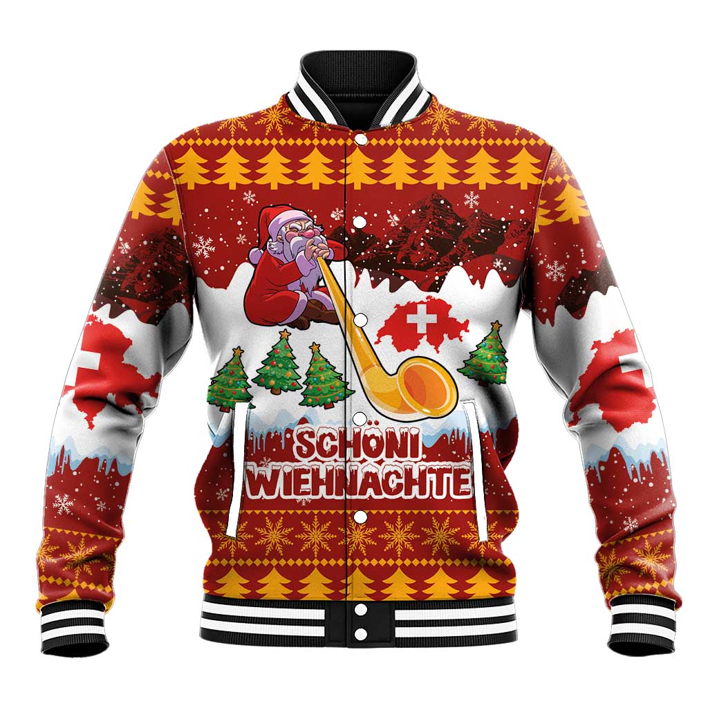 Unisex red Christmas baseball jacket with Santa holding alphorn and winter village print