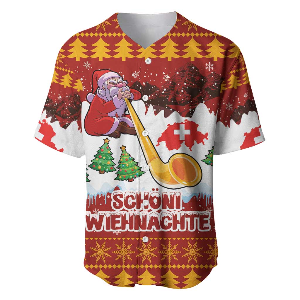 Swiss Santa Plays The Alphorn Christmas Baseball Jersey The Matterhorn with Christmas Elements - Wonder Print Shop