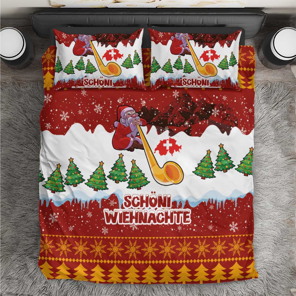 Red holiday bedding set with Santa playing alphorn, trees, snowflakes, and gift motifs