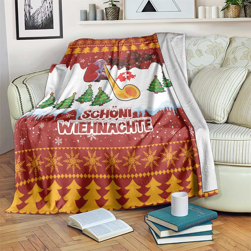 Red Christmas blanket with Alps scene, alphorn player, fir trees, and snowflake border