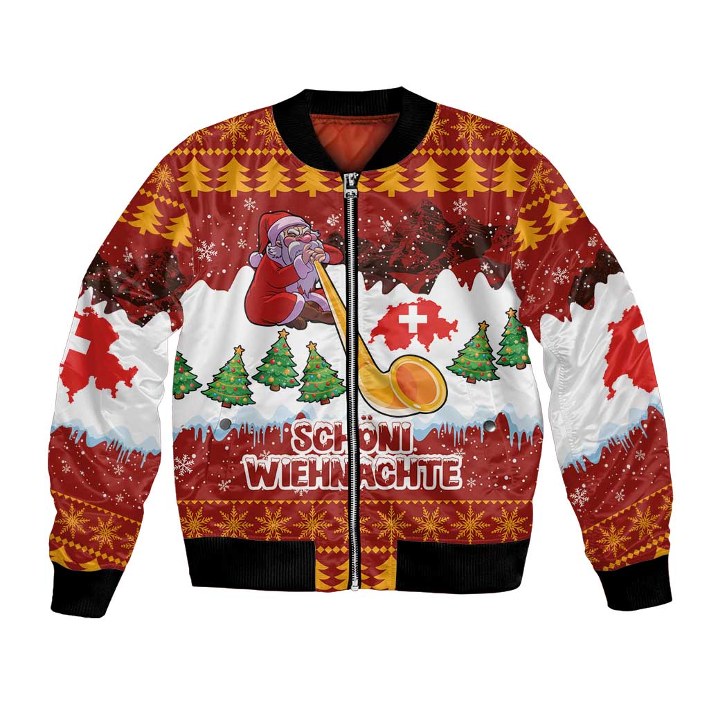 Red bomber jacket with zipper; Santa with alphorn, alpine snow scene, Christmas text