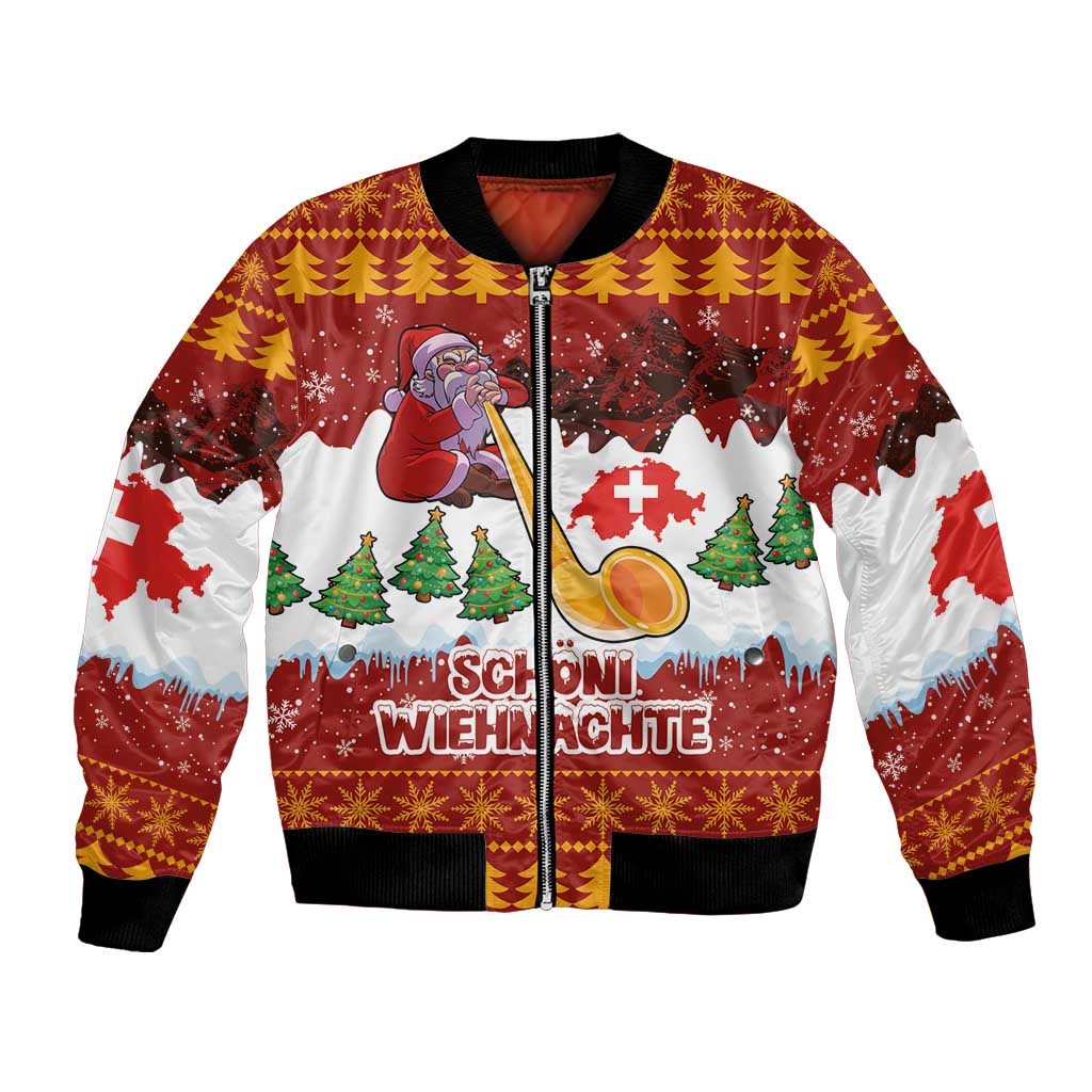 Swiss Santa Plays The Alphorn Christmas Bomber Jacket The Matterhorn with Christmas Elements - Wonder Print Shop