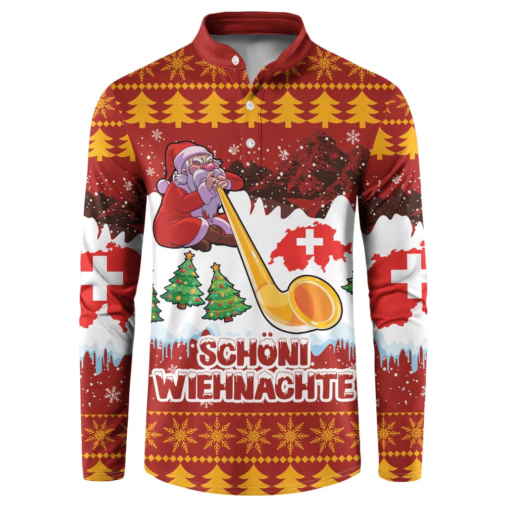 Red Christmas button sweatshirt with Santa holding alphorn, Swiss-themed mountain print