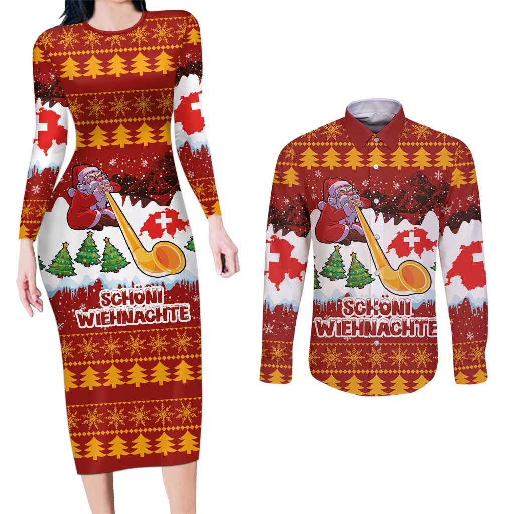 Swiss Santa Plays The Alphorn Christmas Couples Matching Long Sleeve Bodycon Dress and Long Sleeve Button Shirt The Matterhorn with Christmas Elements - Wonder Print Shop