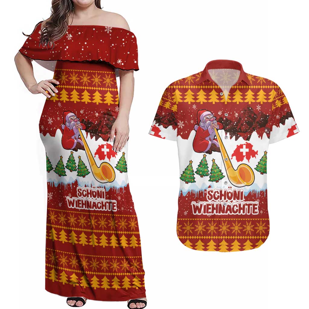 Swiss Santa Plays The Alphorn Christmas Couples Matching Off Shoulder Maxi Dress and Hawaiian Shirt The Matterhorn with Christmas Elements - Wonder Print Shop