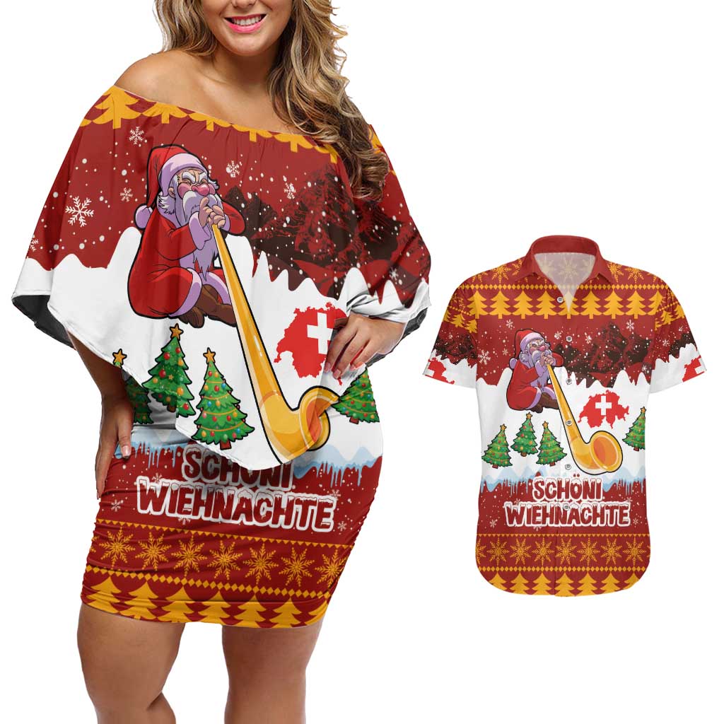 Swiss Santa Plays The Alphorn Christmas Couples Matching Off Shoulder Short Dress and Hawaiian Shirt The Matterhorn with Christmas Elements - Wonder Print Shop