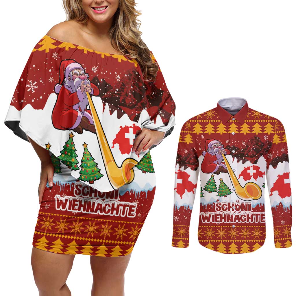 Swiss Santa Plays The Alphorn Christmas Couples Matching Off Shoulder Short Dress and Long Sleeve Button Shirt The Matterhorn with Christmas Elements - Wonder Print Shop