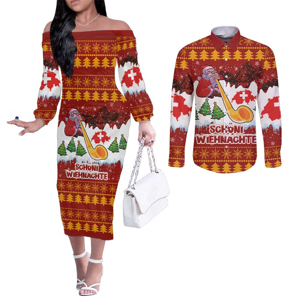 Swiss Santa Plays The Alphorn Christmas Couples Matching Off The Shoulder Long Sleeve Dress and Long Sleeve Button Shirt The Matterhorn with Christmas Elements