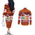 Swiss Santa Plays The Alphorn Christmas Couples Matching Off The Shoulder Long Sleeve Dress and Long Sleeve Button Shirt The Matterhorn with Christmas Elements