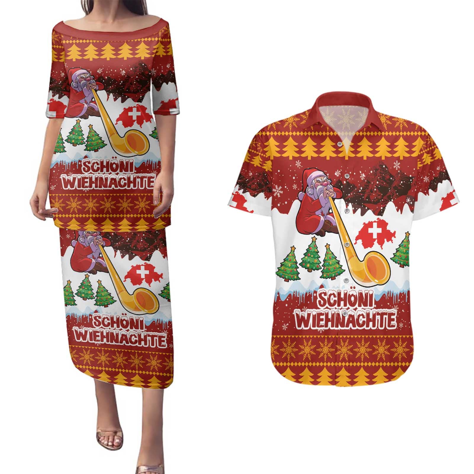 Swiss Santa Plays The Alphorn Christmas Couples Matching Puletasi and Hawaiian Shirt The Matterhorn with Christmas Elements - Wonder Print Shop