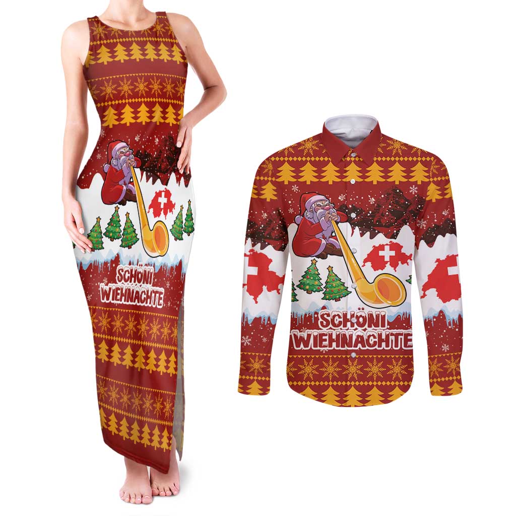 Swiss Santa Plays The Alphorn Christmas Couples Matching Tank Maxi Dress and Long Sleeve Button Shirt The Matterhorn with Christmas Elements - Wonder Print Shop