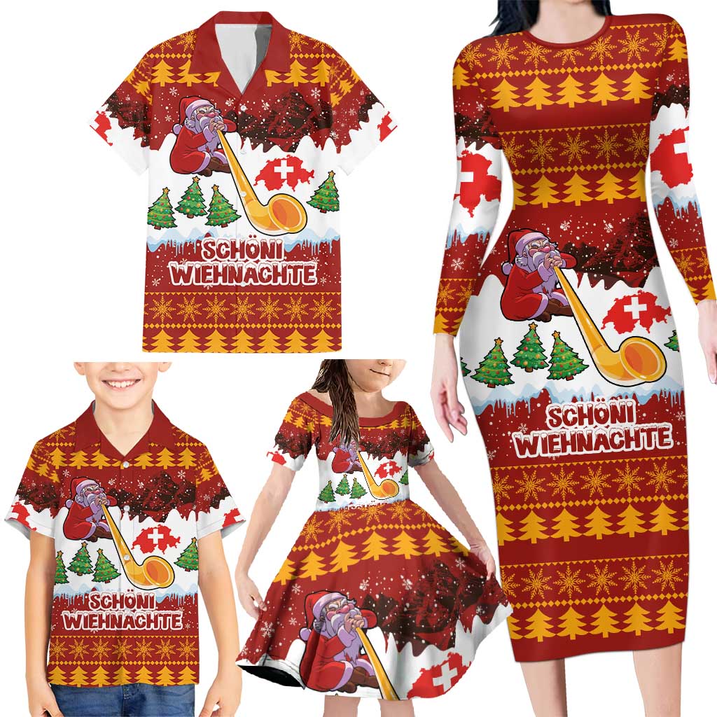 Swiss Santa Plays The Alphorn Christmas Family Matching Long Sleeve Bodycon Dress and Hawaiian Shirt The Matterhorn with Christmas Elements - Wonder Print Shop