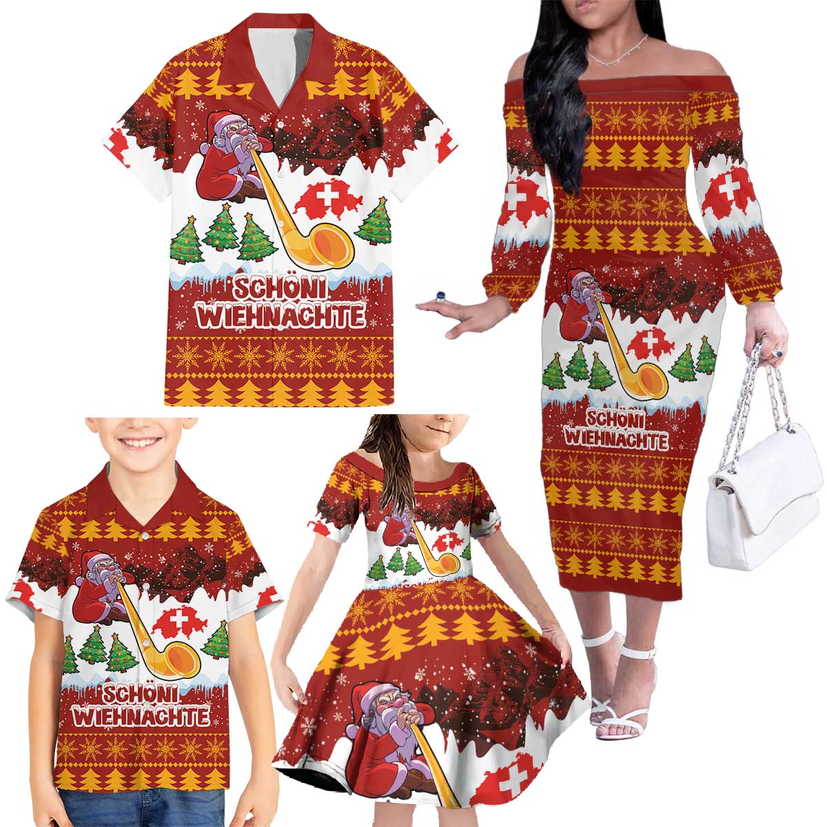 Swiss Santa Plays The Alphorn Christmas Family Matching Off The Shoulder Long Sleeve Dress and Hawaiian Shirt The Matterhorn with Christmas Elements - Wonder Print Shop