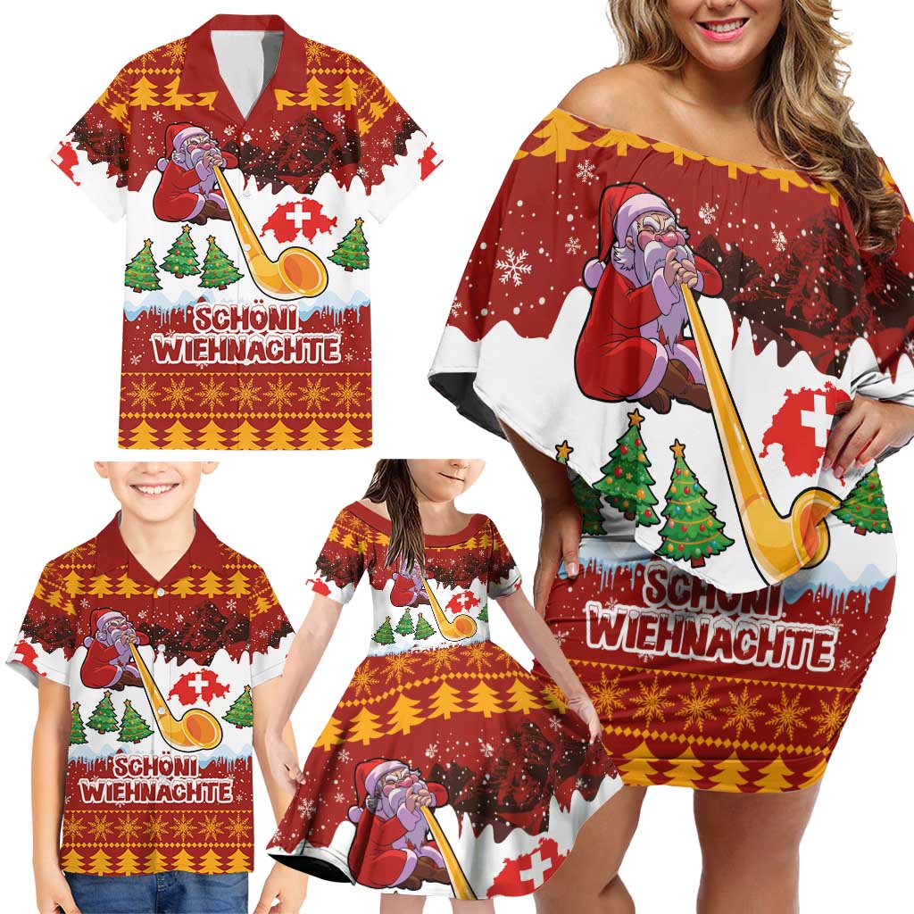 Swiss Santa Plays The Alphorn Christmas Family Matching Off Shoulder Short Dress and Hawaiian Shirt The Matterhorn with Christmas Elements - Wonder Print Shop