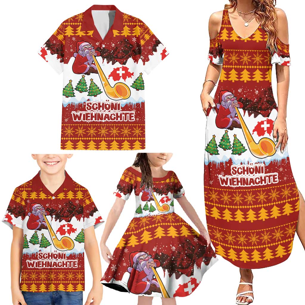 Swiss Santa Plays The Alphorn Christmas Family Matching Summer Maxi Dress and Hawaiian Shirt The Matterhorn with Christmas Elements - Wonder Print Shop