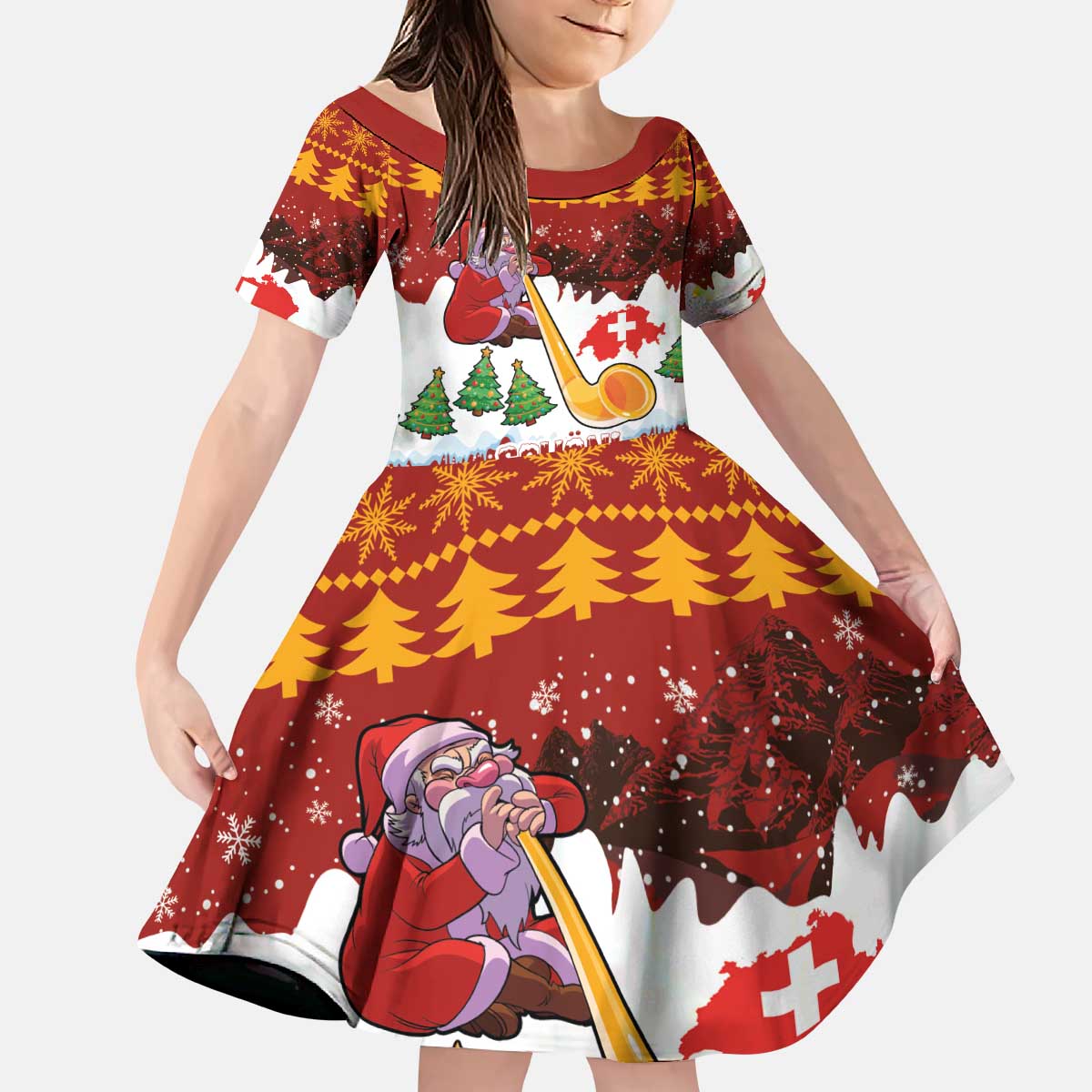 Swiss Santa Plays The Alphorn Christmas Kid Short Sleeve Dress The Matterhorn with Christmas Elements - Wonder Print Shop