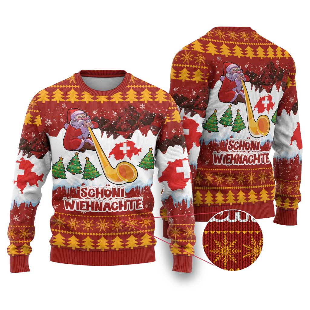 Swiss Santa Plays The Alphorn Christmas Ugly Christmas Sweater The Matterhorn with Christmas Elements - Wonder Print Shop