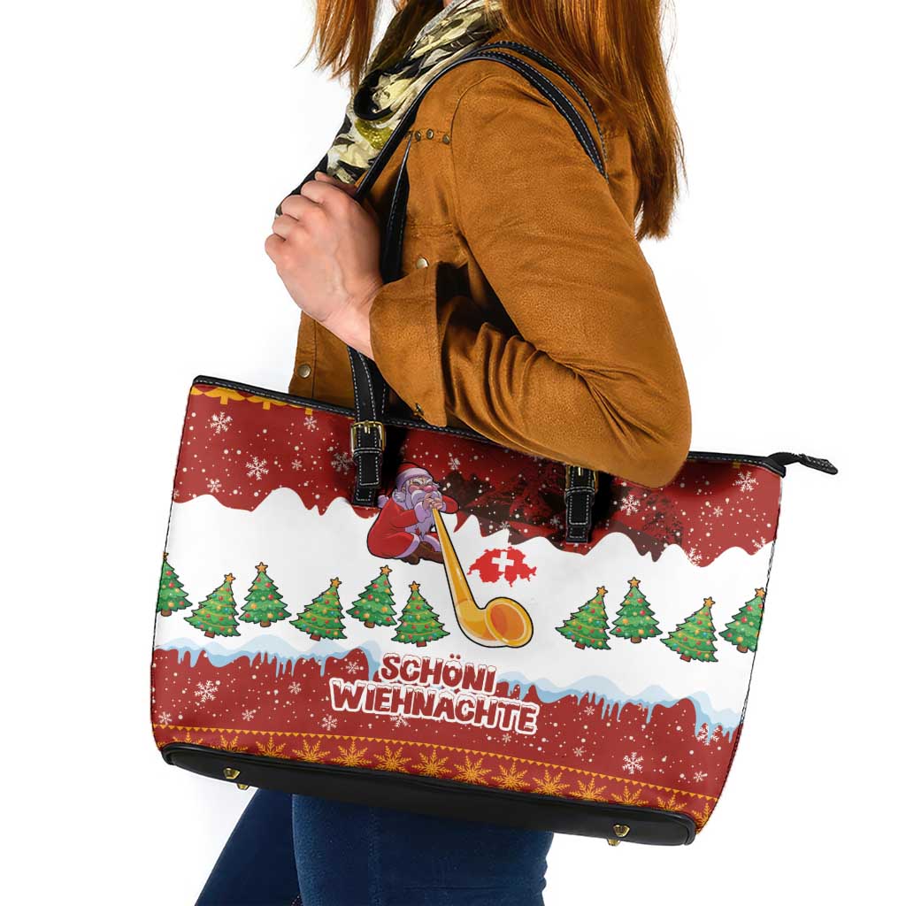 Swiss Santa Plays The Alphorn Christmas Leather Tote Bag The Matterhorn with Christmas Elements - Wonder Print Shop