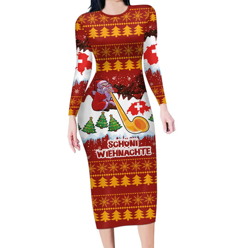 Swiss Santa Plays The Alphorn Christmas Long Sleeve Bodycon Dress The Matterhorn with Christmas Elements - Wonder Print Shop