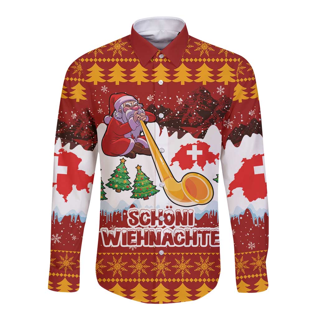 Red long-sleeve button shirt with alphorn winter print and holiday text