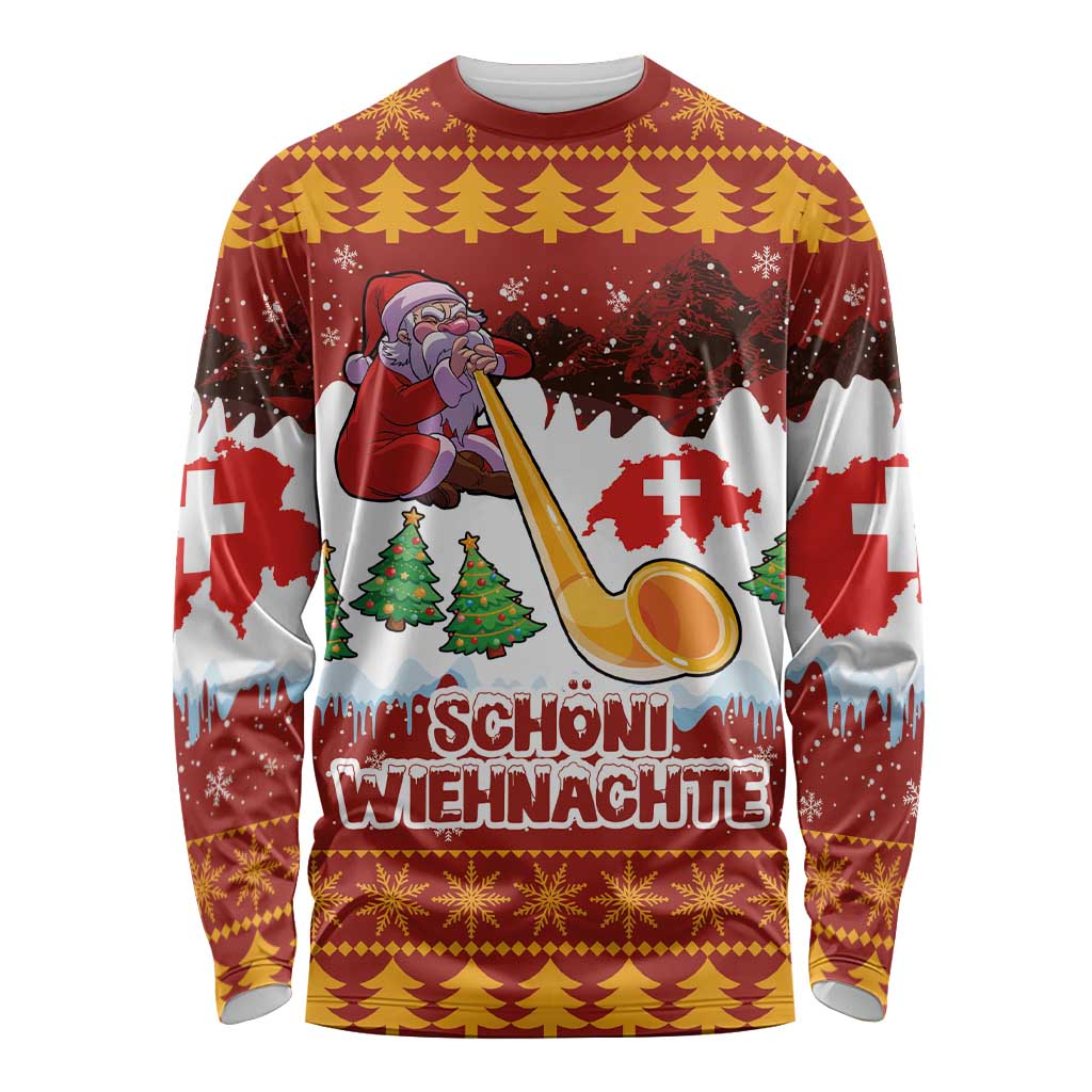 Red long-sleeve Christmas graphic shirt with Santa holding alphorn, trees, snow, lettering