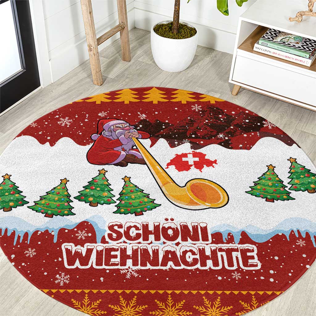 Round Christmas carpet with Santa playing alphorn and Matterhorn design