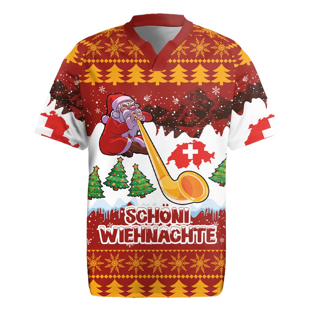 Swiss Santa Plays The Alphorn Christmas Rugby Jersey The Matterhorn with Christmas Elements