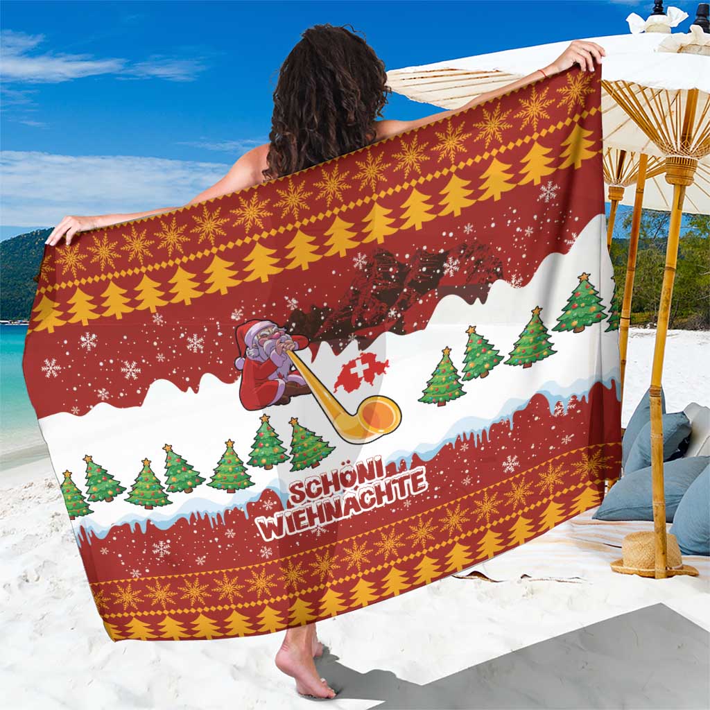 Red Christmas sarong with white mountain, snowflakes, pine trees, and alpine text