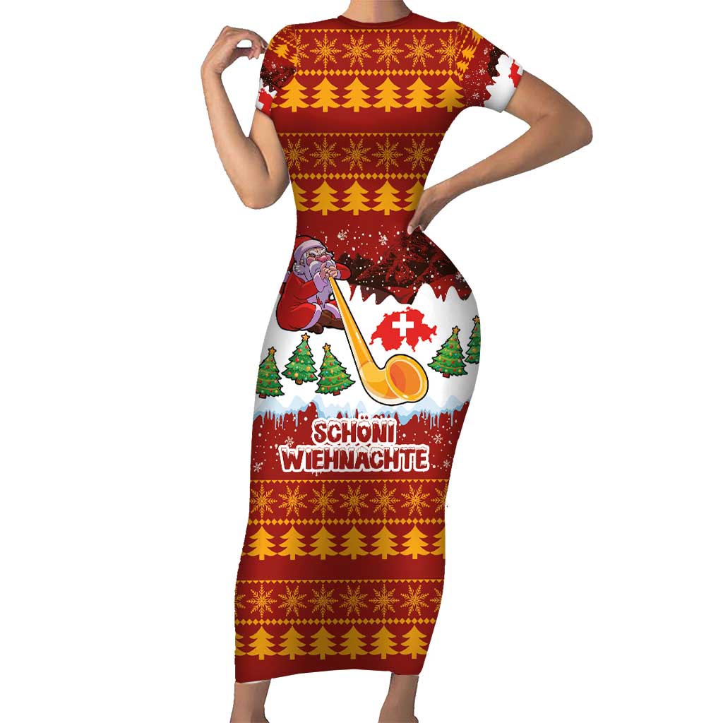 Swiss Santa Plays The Alphorn Christmas Short Sleeve Bodycon Dress The Matterhorn with Christmas Elements