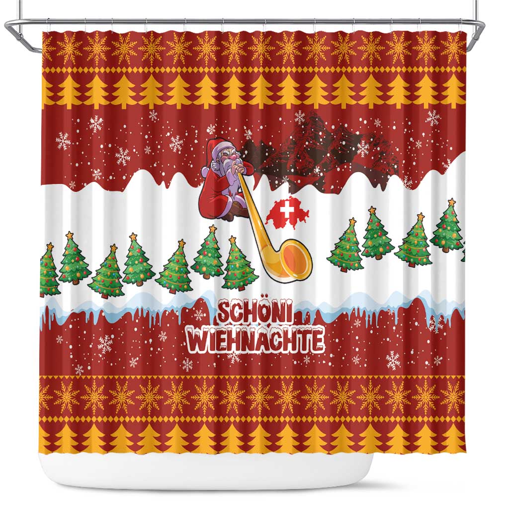 Swiss Santa Plays The Alphorn Christmas Shower Curtain The Matterhorn with Christmas Elements