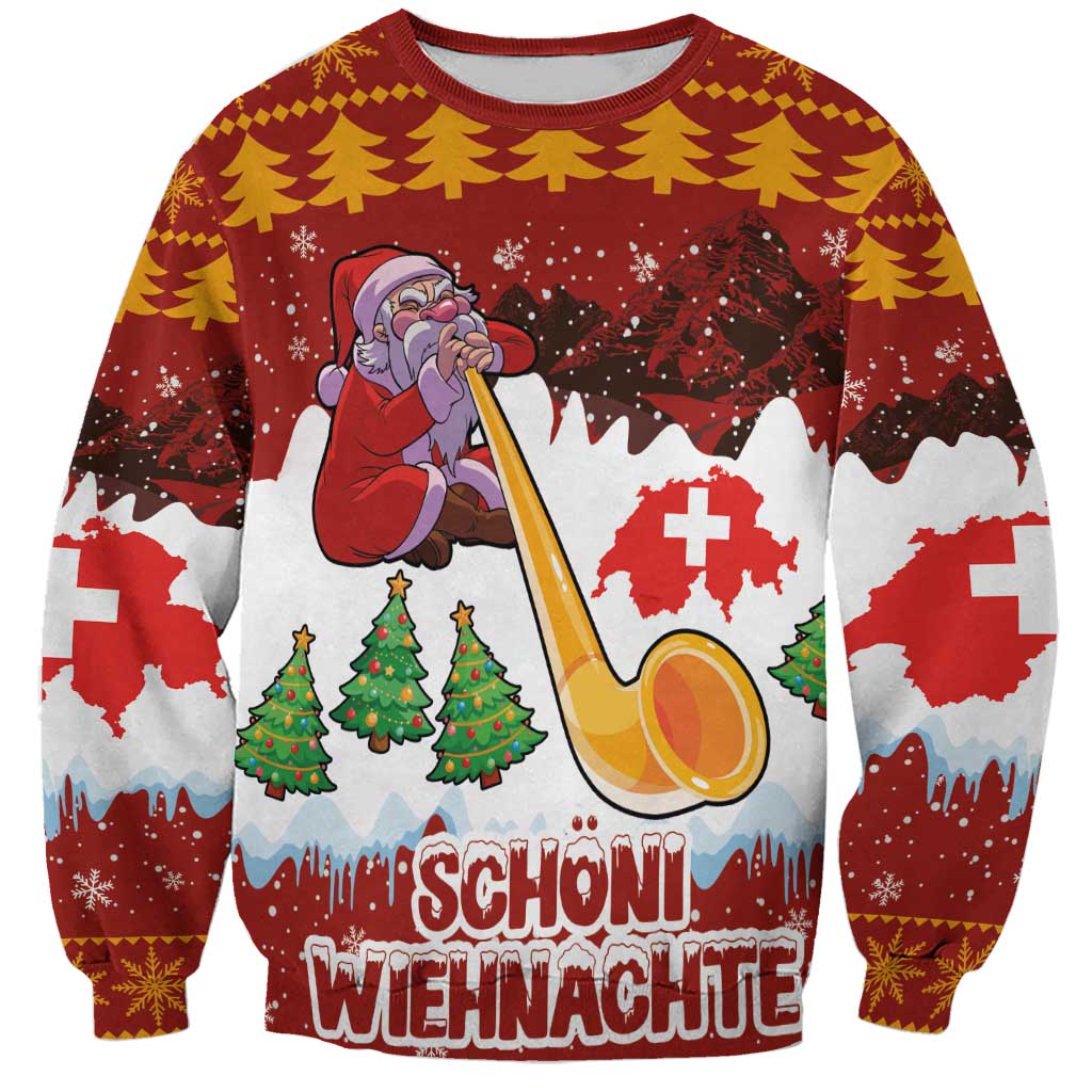 Swiss Santa Plays The Alphorn Christmas Sweatshirt The Matterhorn with Christmas Elements