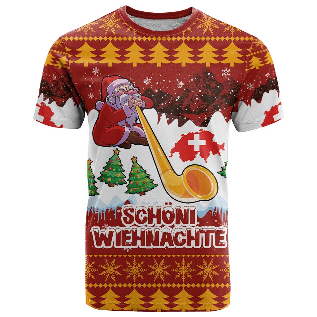 Swiss Santa Plays The Alphorn Christmas T Shirt The Matterhorn with Christmas Elements