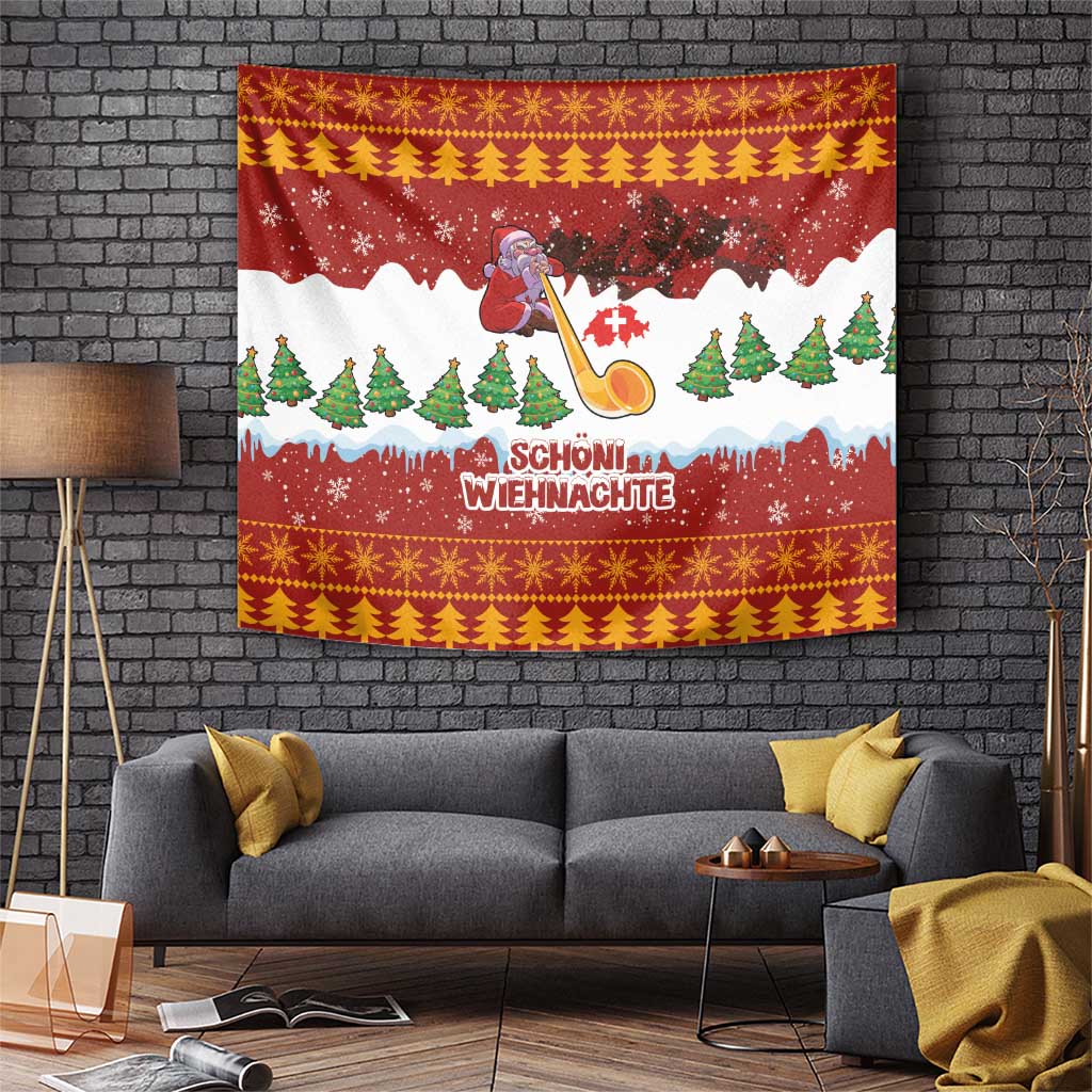 Red Christmas tapestry with alphorn-playing Santa, pine trees, snowy mountains, decorative border