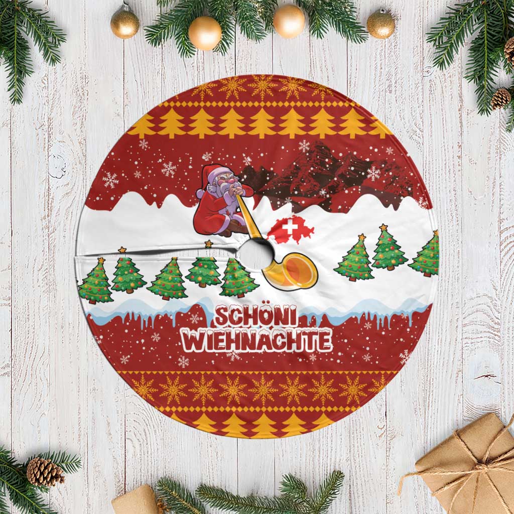 Red circular Christmas tree skirt with Swiss Santa and alphorn, snowy village and pine trees